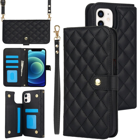For iPhone 12 mini Crossbody Multifunction Rhombic Leather Phone Case(Black) - iPhone 12 mini Cases by buy2fix | Online Shopping UK | buy2fix
