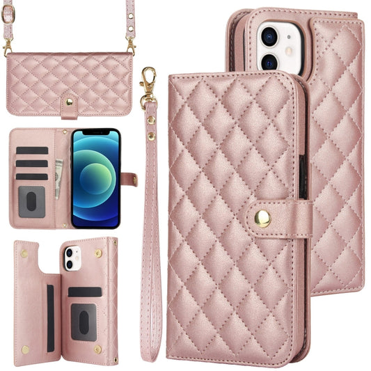 For iPhone 12 mini Crossbody Multifunction Rhombic Leather Phone Case(Rose Gold) - iPhone 12 mini Cases by buy2fix | Online Shopping UK | buy2fix