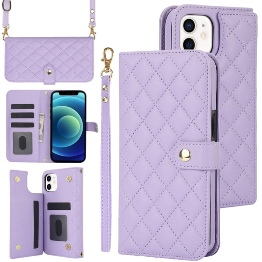 For iPhone 12 mini Crossbody Multifunction Rhombic Leather Phone Case(Purple) - iPhone 12 mini Cases by buy2fix | Online Shopping UK | buy2fix