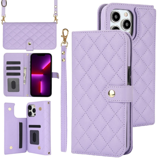For iPhone 12 Pro Max Crossbody Multifunction Rhombic Leather Phone Case(Purple) - iPhone 12 Pro Max Cases by buy2fix | Online Shopping UK | buy2fix