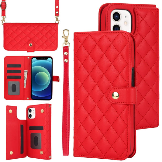 For iPhone 12 / 12 Pro Crossbody Multifunction Rhombic Leather Phone Case(Red) - iPhone 12 / 12 Pro Cases by buy2fix | Online Shopping UK | buy2fix