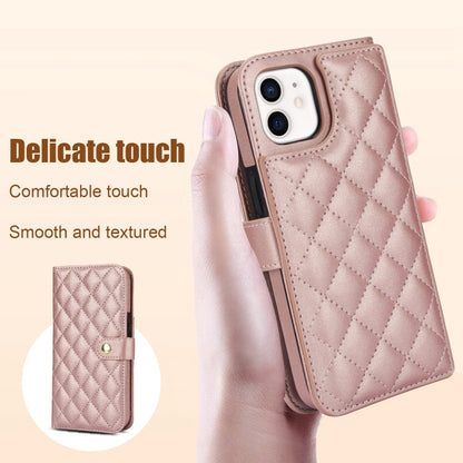 For iPhone 12 / 12 Pro Crossbody Multifunction Rhombic Leather Phone Case(Rose Gold) - iPhone 12 / 12 Pro Cases by buy2fix | Online Shopping UK | buy2fix