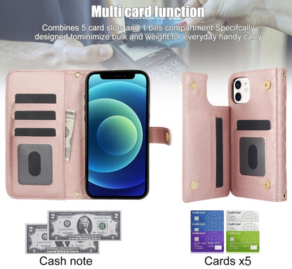 For iPhone 12 / 12 Pro Crossbody Multifunction Rhombic Leather Phone Case(Rose Gold) - iPhone 12 / 12 Pro Cases by buy2fix | Online Shopping UK | buy2fix