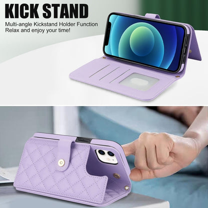 For iPhone 12 / 12 Pro Crossbody Multifunction Rhombic Leather Phone Case(Purple) - iPhone 12 / 12 Pro Cases by buy2fix | Online Shopping UK | buy2fix