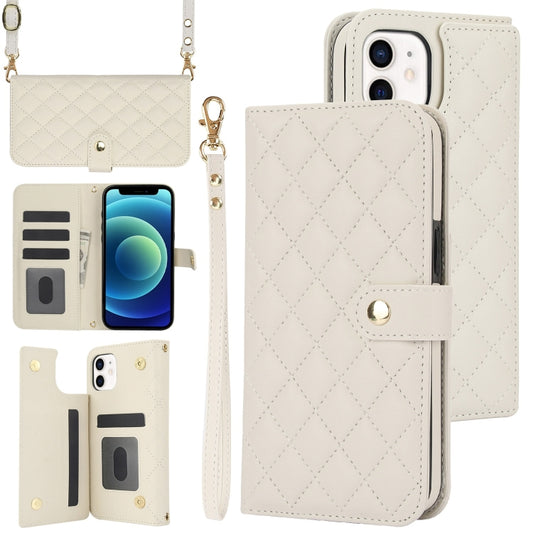 For iPhone 11 Crossbody Multifunction Rhombic Leather Phone Case(White) - iPhone 11 Cases by buy2fix | Online Shopping UK | buy2fix