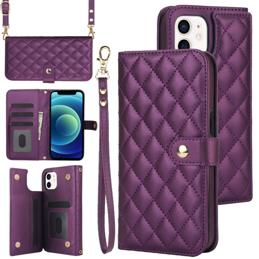 For iPhone 11 Crossbody Multifunction Rhombic Leather Phone Case(Dark Purple) - iPhone 11 Cases by buy2fix | Online Shopping UK | buy2fix