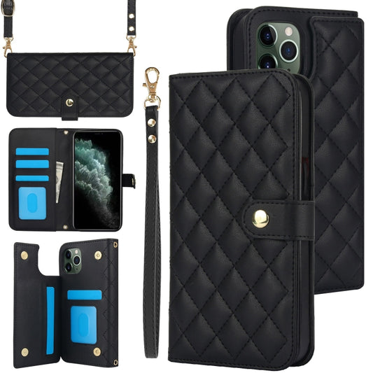 For iPhone 11 Pro Crossbody Multifunction Rhombic Leather Phone Case(Black) - iPhone 11 Pro Cases by buy2fix | Online Shopping UK | buy2fix
