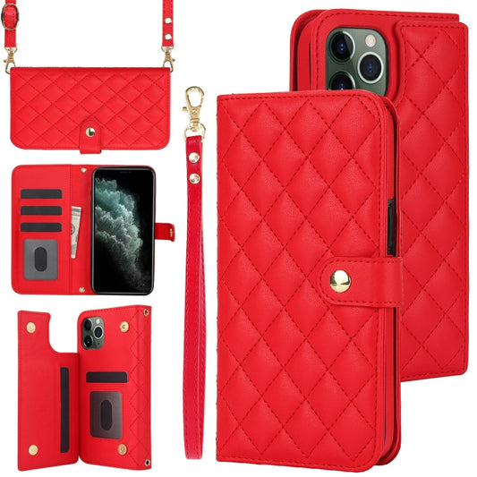 For iPhone 11 Pro Crossbody Multifunction Rhombic Leather Phone Case(Red) - iPhone 11 Pro Cases by buy2fix | Online Shopping UK | buy2fix