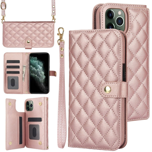 For iPhone 11 Pro Crossbody Multifunction Rhombic Leather Phone Case(Rose Gold) - iPhone 11 Pro Cases by buy2fix | Online Shopping UK | buy2fix