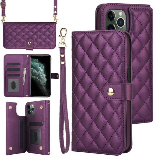 For iPhone 11 Pro Crossbody Multifunction Rhombic Leather Phone Case(Dark Purple) - iPhone 11 Pro Cases by buy2fix | Online Shopping UK | buy2fix