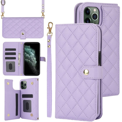 For iPhone 11 Pro Crossbody Multifunction Rhombic Leather Phone Case(Purple) - iPhone 11 Pro Cases by buy2fix | Online Shopping UK | buy2fix