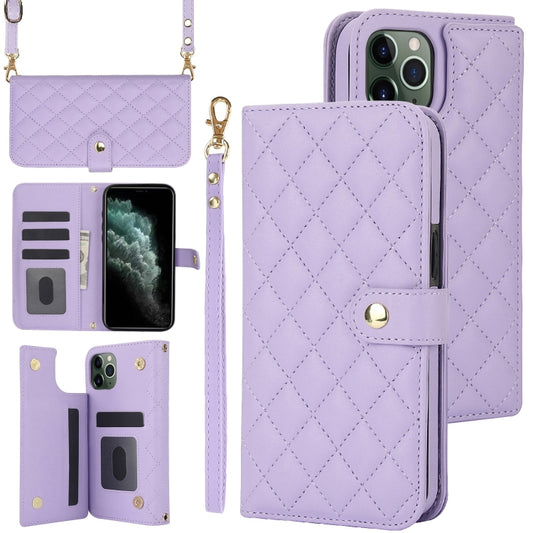 For iPhone 11 Pro Crossbody Multifunction Rhombic Leather Phone Case(Purple) - iPhone 11 Pro Cases by buy2fix | Online Shopping UK | buy2fix