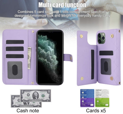 For iPhone 11 Pro Crossbody Multifunction Rhombic Leather Phone Case(Purple) - iPhone 11 Pro Cases by buy2fix | Online Shopping UK | buy2fix
