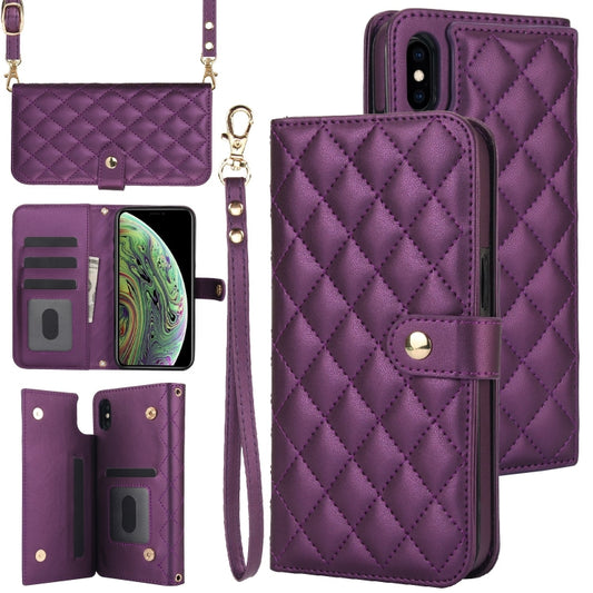 For iPhone X / XS Crossbody Multifunction Rhombic Leather Phone Case(Dark Purple) - More iPhone Cases by buy2fix | Online Shopping UK | buy2fix