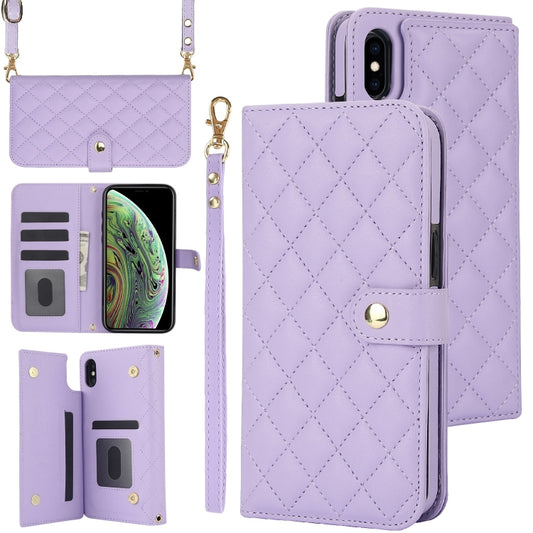 For iPhone X / XS Crossbody Multifunction Rhombic Leather Phone Case(Purple) - More iPhone Cases by buy2fix | Online Shopping UK | buy2fix