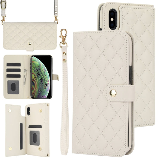 For iPhone XR Crossbody Multifunction Rhombic Leather Phone Case(White) - More iPhone Cases by buy2fix | Online Shopping UK | buy2fix