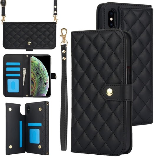 For iPhone XR Crossbody Multifunction Rhombic Leather Phone Case(Black) - More iPhone Cases by buy2fix | Online Shopping UK | buy2fix