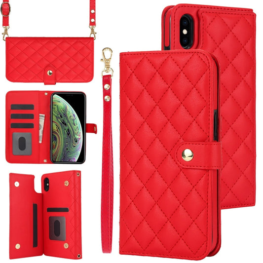 For iPhone XR Crossbody Multifunction Rhombic Leather Phone Case(Red) - More iPhone Cases by buy2fix | Online Shopping UK | buy2fix