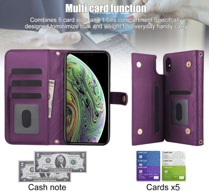 For iPhone XR Crossbody Multifunction Rhombic Leather Phone Case(Dark Purple) - More iPhone Cases by buy2fix | Online Shopping UK | buy2fix