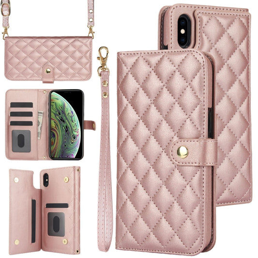 For iPhone XS Max Crossbody Multifunction Rhombic Leather Phone Case(Rose Gold) - More iPhone Cases by buy2fix | Online Shopping UK | buy2fix