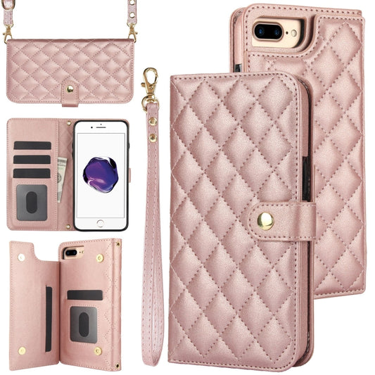 For iPhone 7 Plus / 8 Plus Crossbody Multifunction Rhombic Leather Phone Case(Rose Gold) - More iPhone Cases by buy2fix | Online Shopping UK | buy2fix