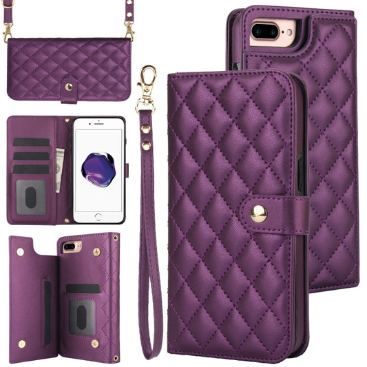 For iPhone 7 Plus / 8 Plus Crossbody Multifunction Rhombic Leather Phone Case(Dark Purple) - More iPhone Cases by buy2fix | Online Shopping UK | buy2fix