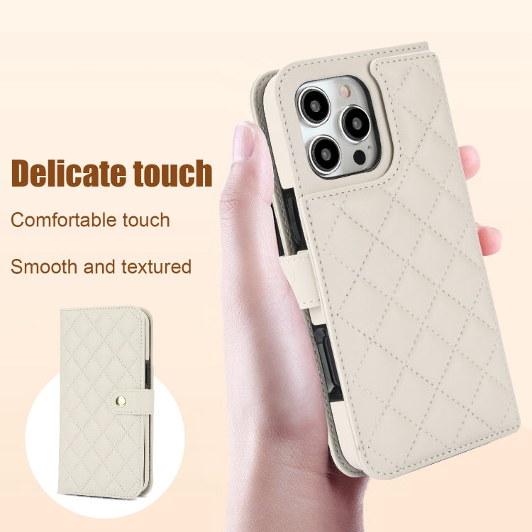 For iPhone 16 Pro Max Crossbody Multifunction Rhombic Leather Phone Case(White) by buy2fix