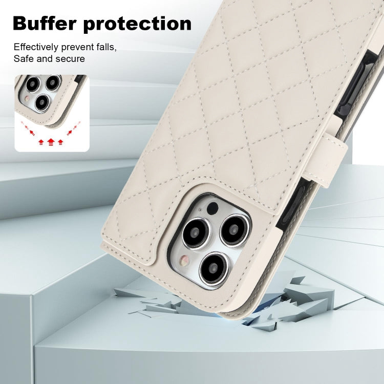 For iPhone 16 Pro Max Crossbody Multifunction Rhombic Leather Phone Case(White) by buy2fix