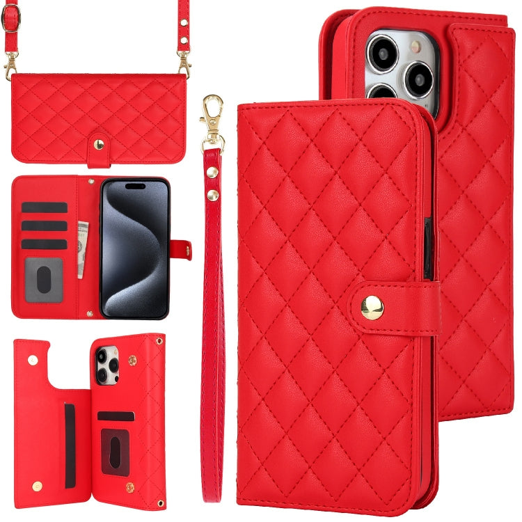 For iPhone 16 Pro Max Crossbody Multifunction Rhombic Leather Phone Case(Red) - iPhone 16 Pro Max Cases by buy2fix | Online Shopping UK | buy2fix