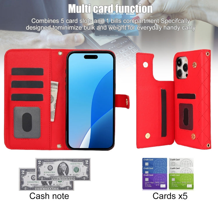 For iPhone 16 Pro Max Crossbody Multifunction Rhombic Leather Phone Case(Red) - iPhone 16 Pro Max Cases by buy2fix | Online Shopping UK | buy2fix