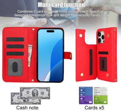 For iPhone 16 Pro Max Crossbody Multifunction Rhombic Leather Phone Case(Red) - iPhone 16 Pro Max Cases by buy2fix | Online Shopping UK | buy2fix