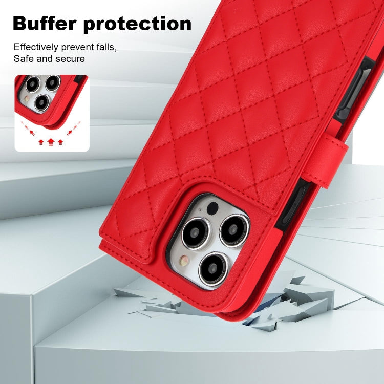 For iPhone 16 Pro Max Crossbody Multifunction Rhombic Leather Phone Case(Red) - iPhone 16 Pro Max Cases by buy2fix | Online Shopping UK | buy2fix