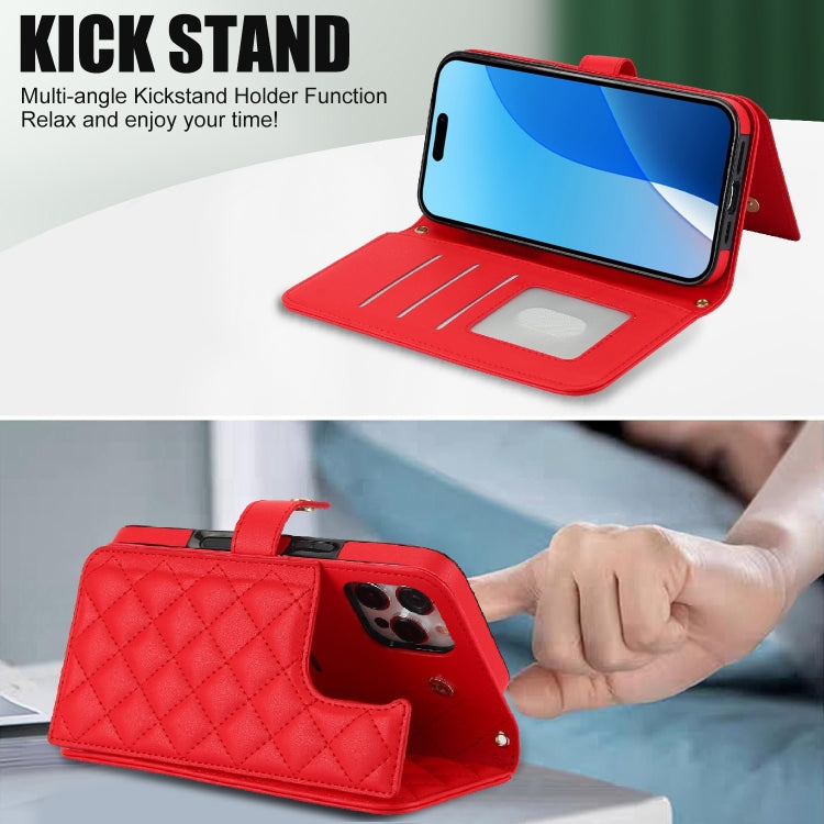 For iPhone 16 Pro Max Crossbody Multifunction Rhombic Leather Phone Case(Red) - iPhone 16 Pro Max Cases by buy2fix | Online Shopping UK | buy2fix