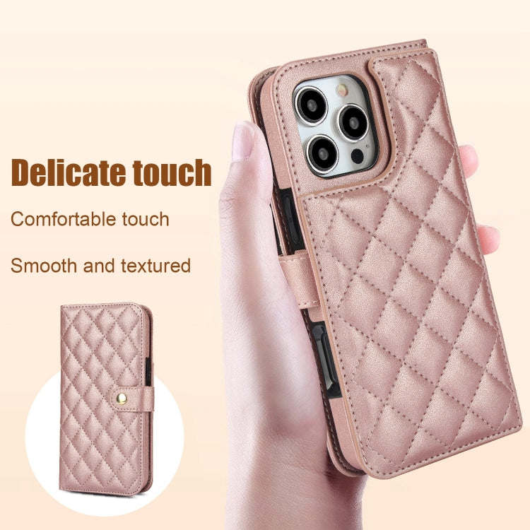 For iPhone 16 Pro Max Crossbody Multifunction Rhombic Leather Phone Case(Rose Gold) - iPhone 16 Pro Max Cases by buy2fix | Online Shopping UK | buy2fix