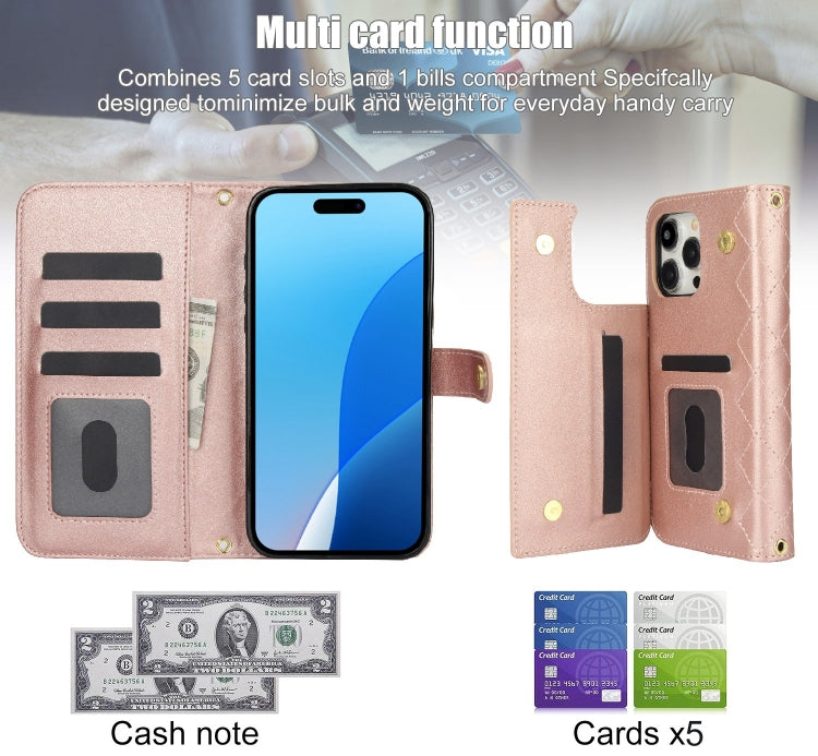 For iPhone 16 Pro Max Crossbody Multifunction Rhombic Leather Phone Case(Rose Gold) - iPhone 16 Pro Max Cases by buy2fix | Online Shopping UK | buy2fix