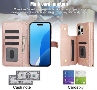 For iPhone 16 Pro Max Crossbody Multifunction Rhombic Leather Phone Case(Rose Gold) - iPhone 16 Pro Max Cases by buy2fix | Online Shopping UK | buy2fix