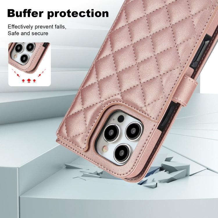For iPhone 16 Pro Max Crossbody Multifunction Rhombic Leather Phone Case(Rose Gold) - iPhone 16 Pro Max Cases by buy2fix | Online Shopping UK | buy2fix