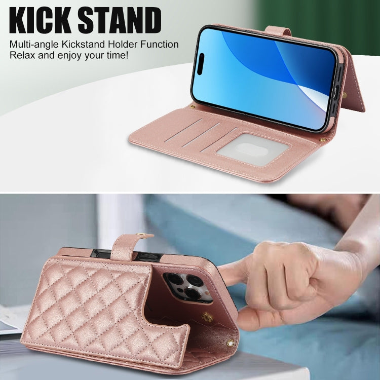 For iPhone 16 Pro Max Crossbody Multifunction Rhombic Leather Phone Case(Rose Gold) - iPhone 16 Pro Max Cases by buy2fix | Online Shopping UK | buy2fix