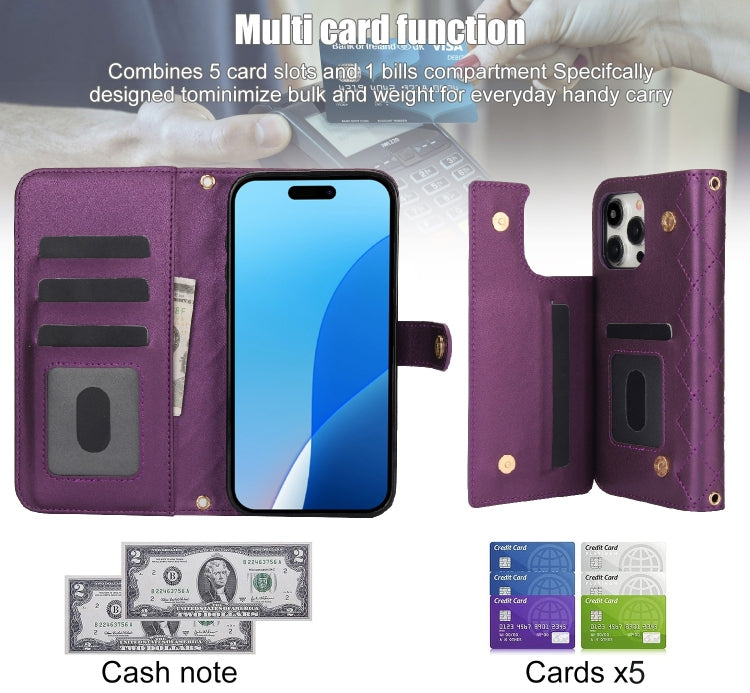 For iPhone 16 Pro Max Crossbody Multifunction Rhombic Leather Phone Case(Dark Purple) - iPhone 16 Pro Max Cases by buy2fix | Online Shopping UK | buy2fix