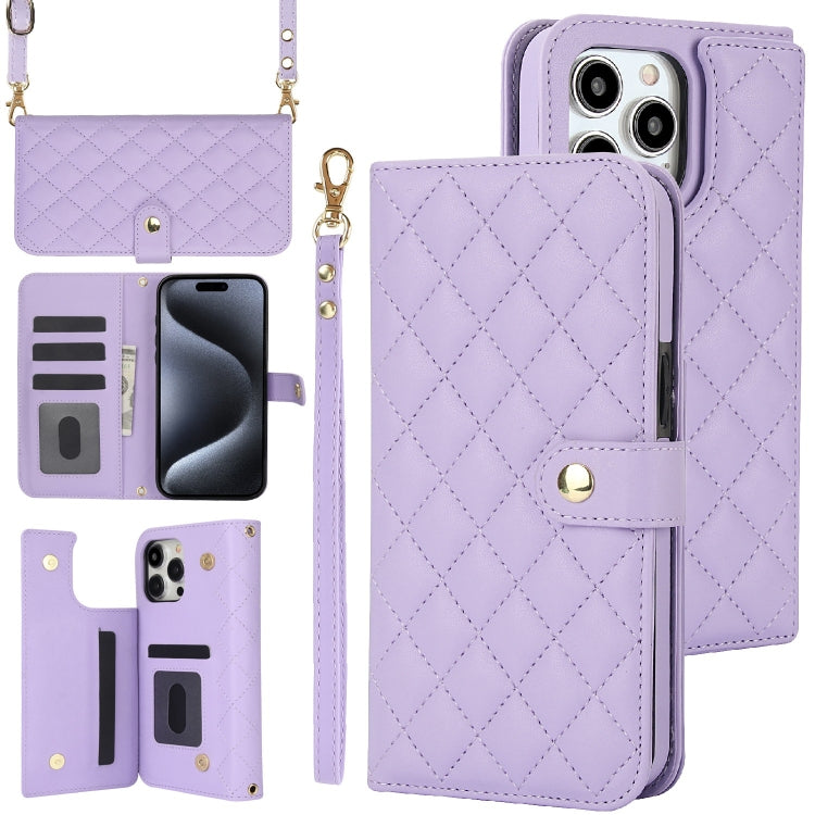 For iPhone 16 Pro Max Crossbody Multifunction Rhombic Leather Phone Case(Purple) - iPhone 16 Pro Max Cases by buy2fix | Online Shopping UK | buy2fix