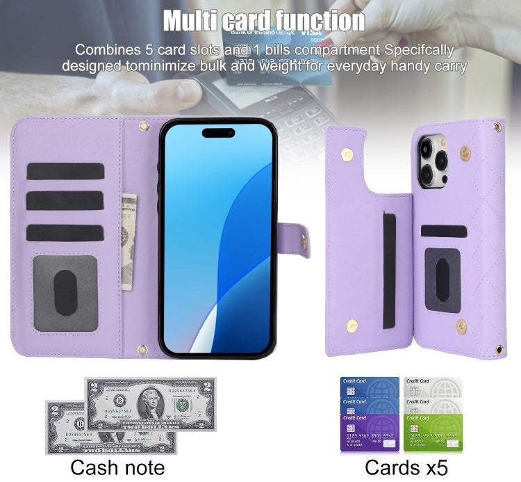 For iPhone 16 Pro Max Crossbody Multifunction Rhombic Leather Phone Case(Purple) - iPhone 16 Pro Max Cases by buy2fix | Online Shopping UK | buy2fix