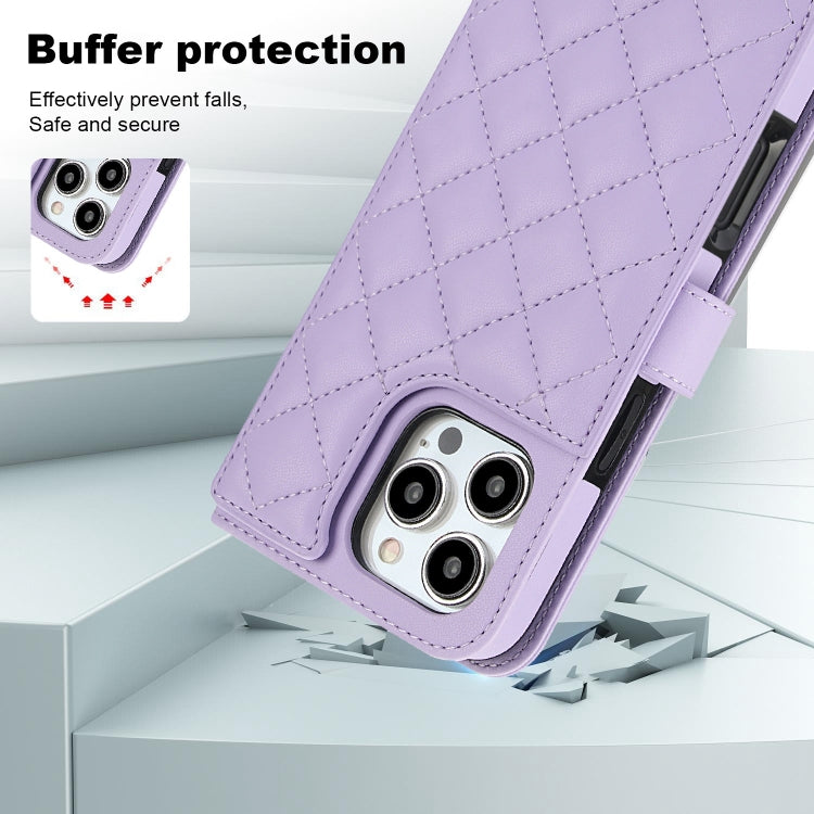 For iPhone 16 Pro Max Crossbody Multifunction Rhombic Leather Phone Case(Purple) - iPhone 16 Pro Max Cases by buy2fix | Online Shopping UK | buy2fix