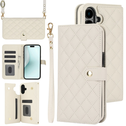 For iPhone 16 Plus Crossbody Multifunction Rhombic Leather Phone Case(White) - iPhone 16 Plus Cases by buy2fix | Online Shopping UK | buy2fix