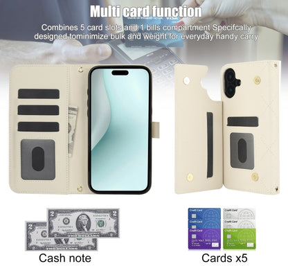 For iPhone 16 Plus Crossbody Multifunction Rhombic Leather Phone Case(White) - iPhone 16 Plus Cases by buy2fix | Online Shopping UK | buy2fix