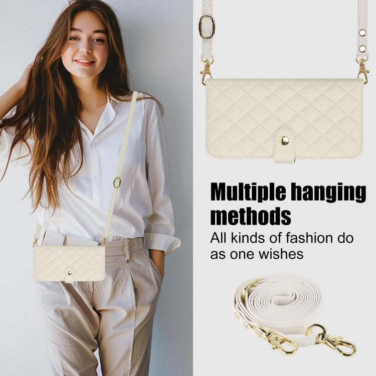 For iPhone 16 Plus Crossbody Multifunction Rhombic Leather Phone Case(White) - iPhone 16 Plus Cases by buy2fix | Online Shopping UK | buy2fix