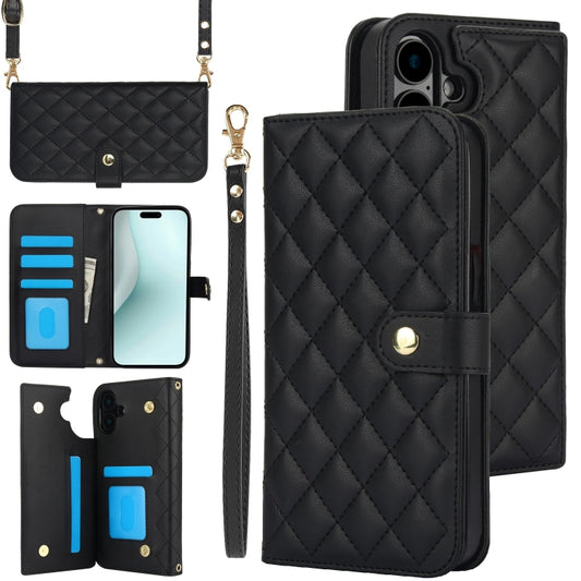 For iPhone 16 Plus Crossbody Multifunction Rhombic Leather Phone Case(Black) - iPhone 16 Plus Cases by buy2fix | Online Shopping UK | buy2fix
