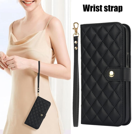 For iPhone 16 Plus Crossbody Multifunction Rhombic Leather Phone Case(Black) - iPhone 16 Plus Cases by buy2fix | Online Shopping UK | buy2fix