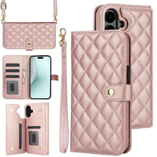 For iPhone 16 Plus Crossbody Multifunction Rhombic Leather Phone Case(Rose Gold) - iPhone 16 Plus Cases by buy2fix | Online Shopping UK | buy2fix
