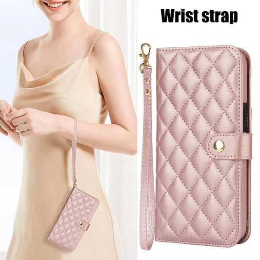 For iPhone 16 Plus Crossbody Multifunction Rhombic Leather Phone Case(Rose Gold) - iPhone 16 Plus Cases by buy2fix | Online Shopping UK | buy2fix