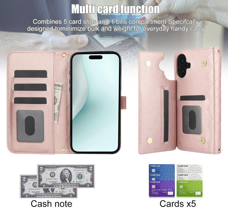 For iPhone 16 Plus Crossbody Multifunction Rhombic Leather Phone Case(Rose Gold) - iPhone 16 Plus Cases by buy2fix | Online Shopping UK | buy2fix